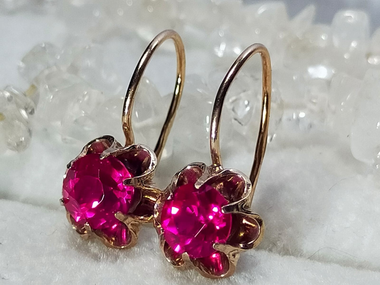 Vintage USSR Ruby Rose Gold Plated 875 Silver Soviet Era Earrings-image