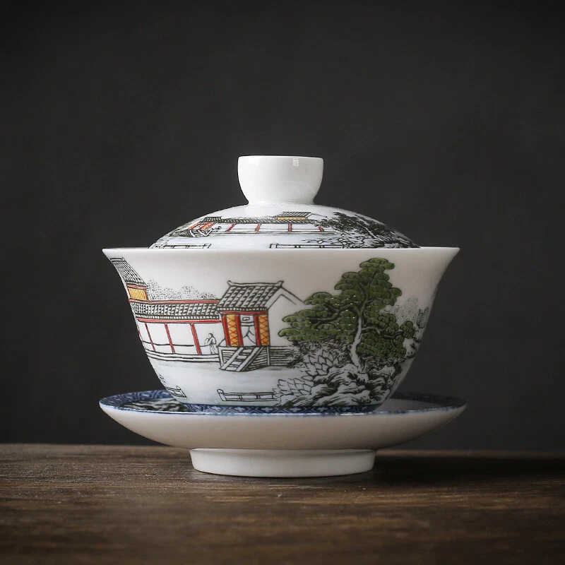 Jingdezhen Bajo Esmalte Porcelana Gaiwan Pintada a Mano Taza Platillo Tazón Tapa Foto 2 de 4
