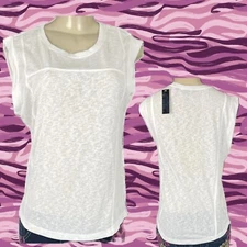 Attention L Heather White Sheer Crew Neck Curved Hem Seam Detail Muscle Tank Top