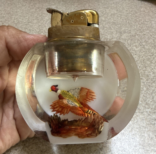 Glass Table Lighter Clear Glass Body with Pheasant Bird Design