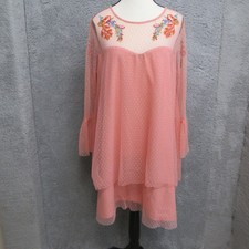 True Destiny Dress Womens Extra Large Pink Mesh Embroidered Floral Sheer Boho