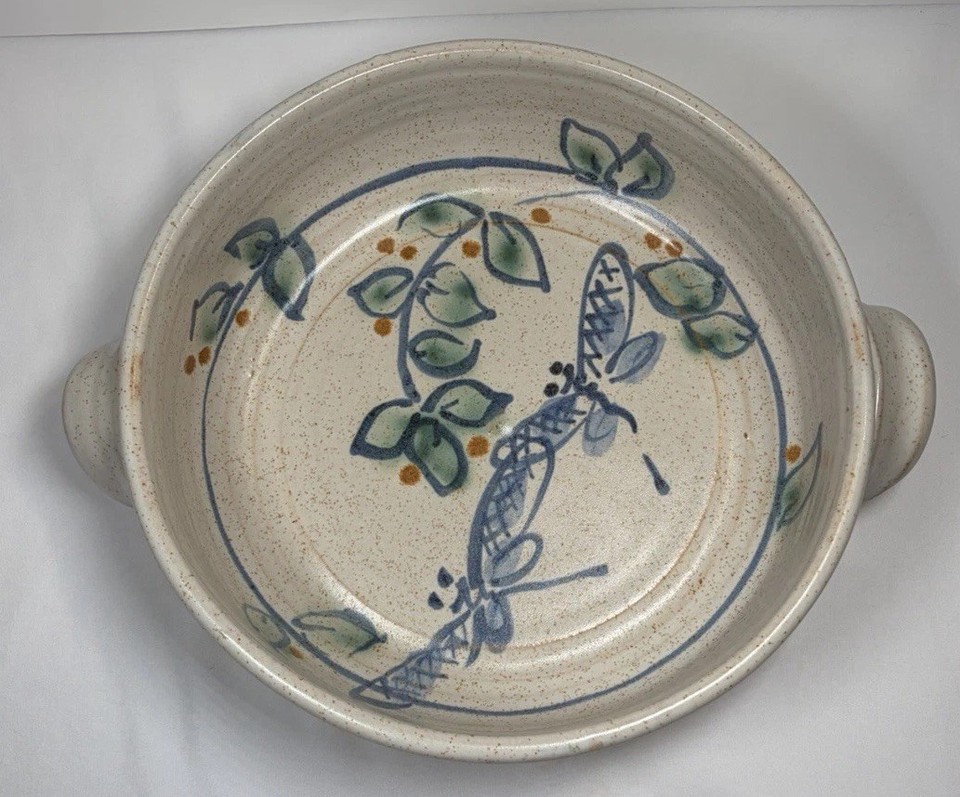 OOAK Signed Hand thrown Studio Art Pottery Dragonfly Handled 11” Serving Bowl