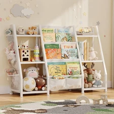 Kids Bookshelf Large Storage Bookcase: 3-Tier White Book Sling Shelf Toy Orga...