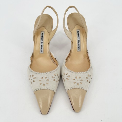 Manolo Blahnik Retro Floral Ojales Beige Punta Puntera Tacón Eslinga IT 40 - Imagen 5 de 10