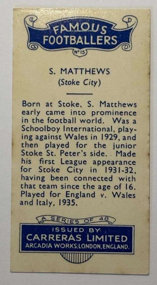 Stanley Matthews 1935 Carreras Famosos Futbolistas Tabaco #15 Foto 2 de 2