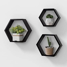 Wall Mounted Hexagon Floating Shelves, Wooden Wall Organizer Hanging Black