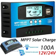 Solar Charge Controller MPPT 100A LCD Display 12V 24V Dual USB Solar Controller