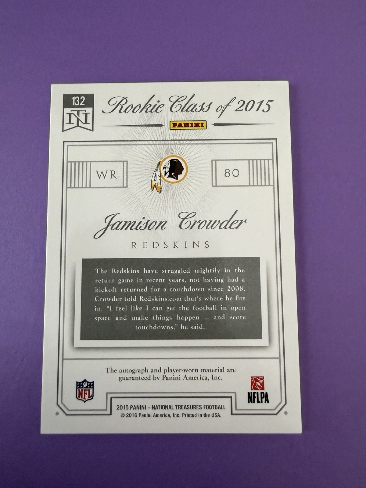 2015 National Treasures Jamison Crowder Rookie Jersey Patch Auto Green 58/80 view 2