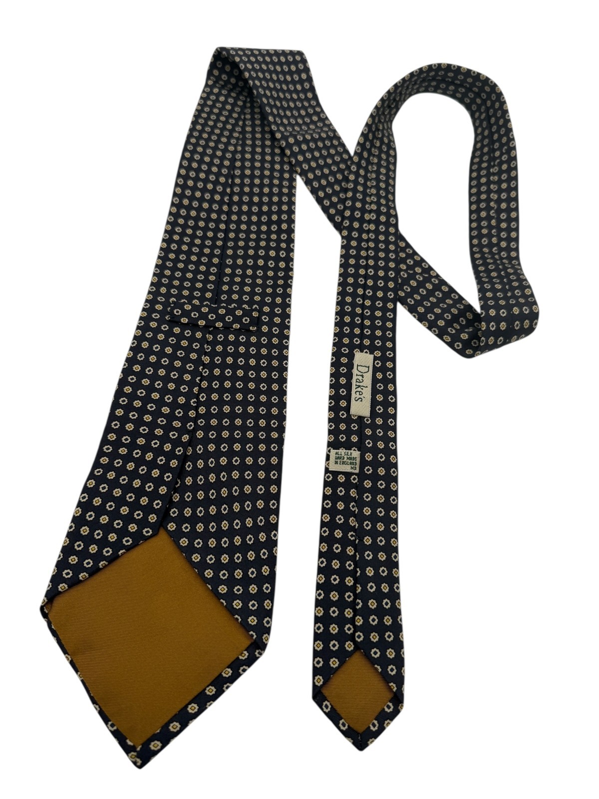 Drake’s London Handmade Silk Tie Black Gold Geometric 59x4” Made in England