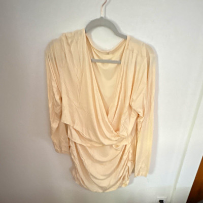 Women's 2x Beige Solid Jersey V-Neck Ruched Draped Long Sleeve Blouse!