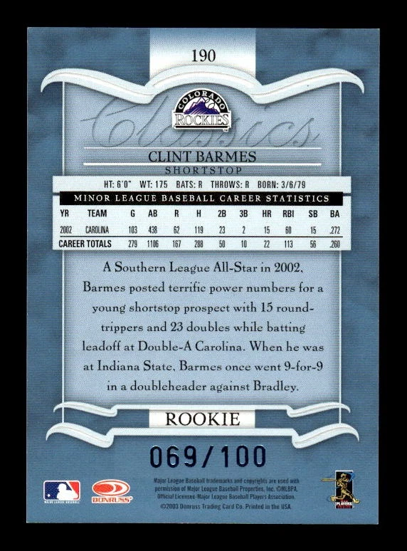 2003 Donruss Classics #190 Clint Barmes Significant Signatures #/100 - Image 2 of 2