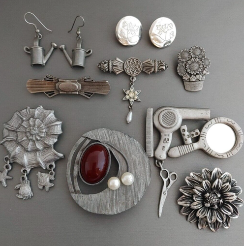 Vintage Lot 9 Pewter Pins Brooches Earrings Spoontiques K Steiff Elias