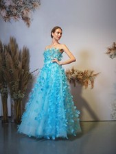Designer Bridal Balencia Gown sz 0 Blue Feathers $6,500 Sample Sale Couture Find