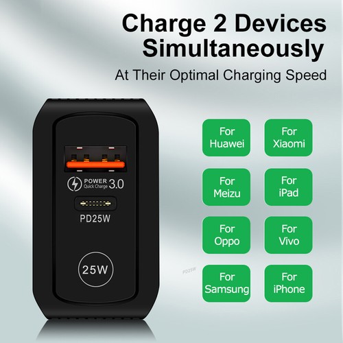Chargeur 25W PD + QC 3.0 USB Charge Rapide iPhone 13 12 11 Pro Max Samsung LG - Photo 19 sur 21