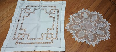 Vintage 2 PC Table Toppers, Doily,  Tablecloth, Drawn Thread, Net Lace #P344