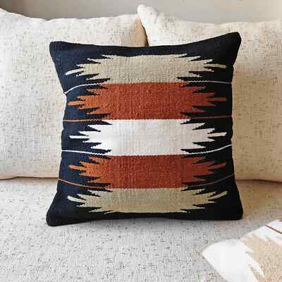 Navy Blue Cushion Cover 18 inch Kilim Pillow Case Handmade Wool Boho Sofa Couch