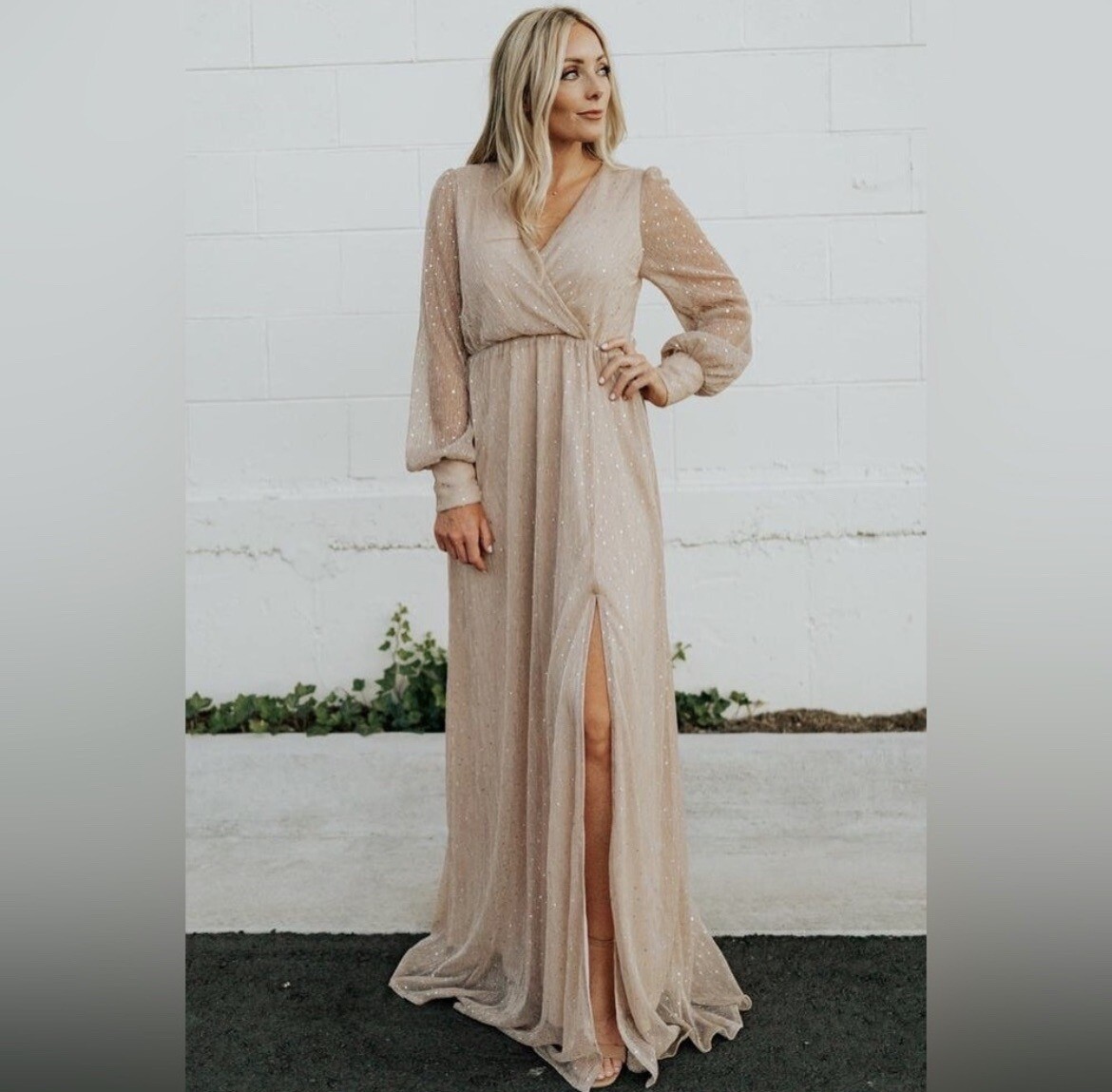 Baltic Born Abigail Sparkle Sequin Long Sleeve Tie Waist Dress Gown  Champagne XS