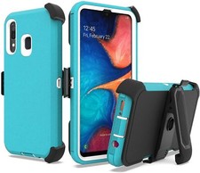 For Samsung Galaxy A20 Case Armor Stand Heavy Duty Case+Tempered Glass Turquoise