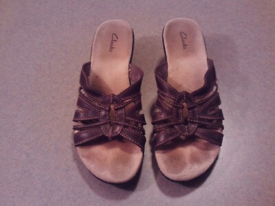 Clarks Brown Leather Braided Strappy Slip-on Wedge Sandals Mules Size 