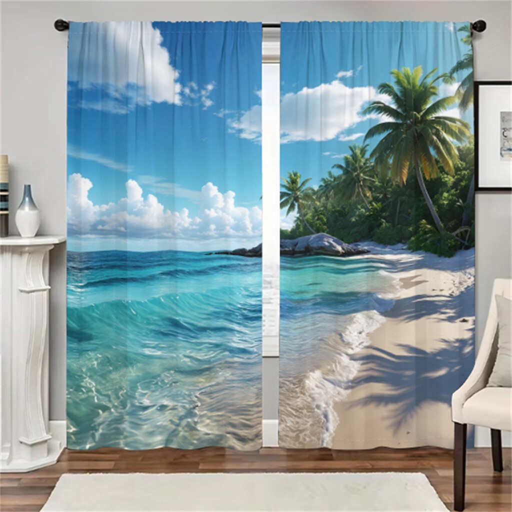 2Pcs Tropical Beach Palm Tree Curtains for Bedroom Living Room Ocean Wave Design