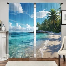 2Pcs Tropical Beach Ocean Wave Palm Tree Curtains for Bedroom Living Room