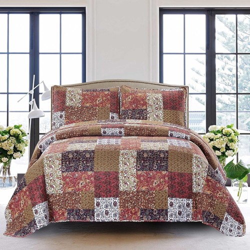 Lightweight Twin Quilt Set with Sham - Rich Tones & Autumn Patchwork Elegance - Picture 3 of 9