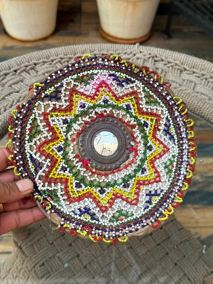 Старинный старый индийский ручной работы многоцветные бусины работы ручной вентилятор без палочки - Изображение 3 из 4