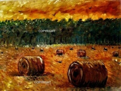 Heu Maisstiel Ballen - Original Kunst Ölgemälde auf Leinwand Impressionist Sonnenuntergang