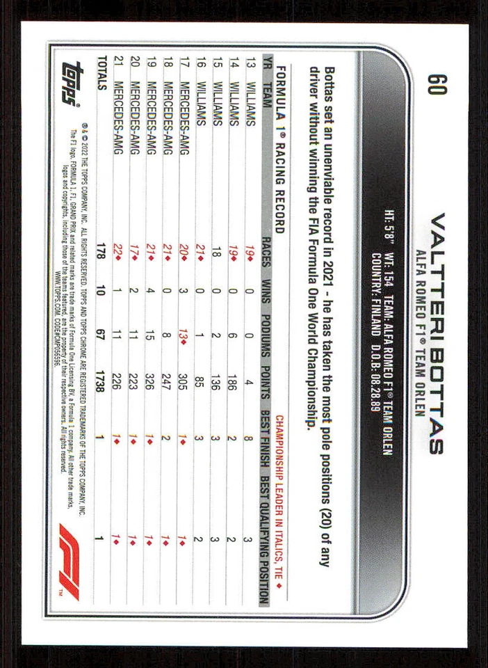 2022 Topps Chrome Formula 1 #60 Valtteri Bottas - Image 2 of 2