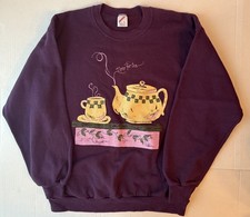 VTG Time For Tea Crewneck Pullover Sweater Purple Graphic Tea Pot Sz Lg USA Made