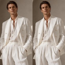 Classic Linen Men's Suits Wide Peak Lapel Double Breasted Summer Men Tuxedo 2Pcs