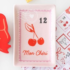 Small Cherry Postage Stamp Style Ceramic Trinket Tray / Jewellery Dish 12x8.1cm