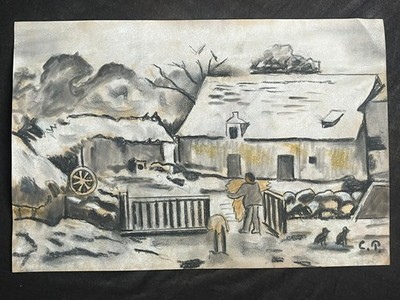 CAMILLE PISARRO drawing and painting on old paper signed stamped vintage