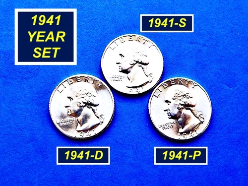 "GEM BU"  1941 YEAR-SET  ➫   "1941-P, D, & S"  QUARTERS ➫ Blazing Luster ➫ 241ys