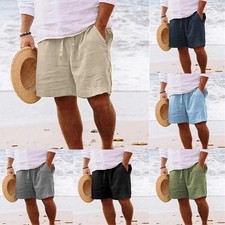 Men s Cotton Linen Lightweight Gym Beach Shorts Summer Casual Fit Pants Fun Gift