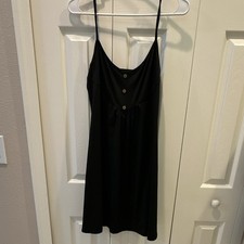 Women s Black Solid Slip Dress V-Neck Strappy Sleeveless Button Accents Midi M/L
