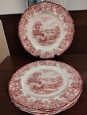 Vintage Alfred Meakin Staffordshire Red Sun-Glow Set of 4 Dinner Plates B