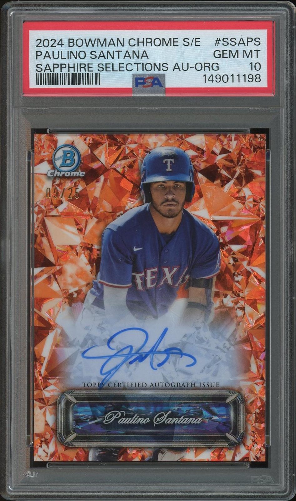 2024 Bowman Chrome Sapphire Paulino Santana Orange Ref Rookie Auto #09/25 PSA 10