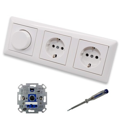 REV Ritter LED Dimmer + Jung  A1740WW + 2x Steckdose A1520WW in AS500 alpinweiß