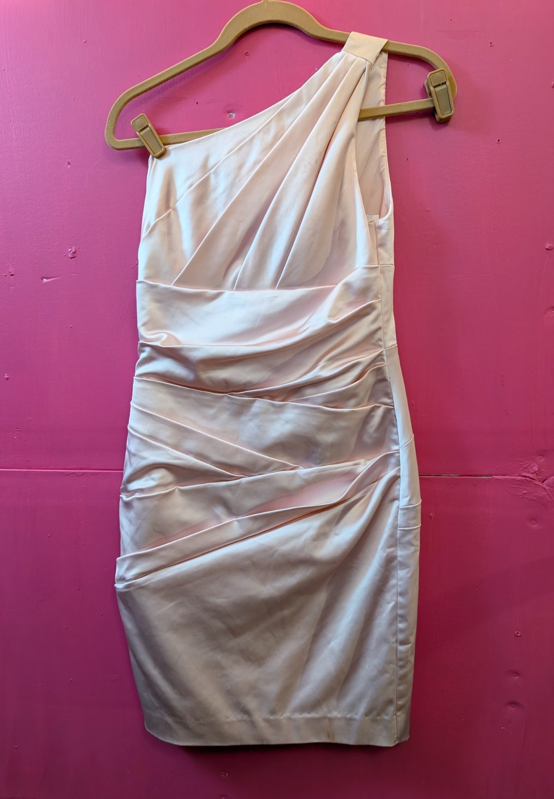 Light Pink Satin Pleated One Shoulder Sheath Dress David's Bridal size 8