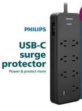 Philips 7 Outlet  2 Usb Surge Protector - Black - 4ft. Braided Cord - Grounded