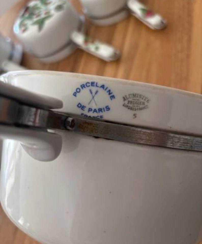 SERIE DE 5 CASSEROLES EN PORCELAINE DE PARIS ALUMINITE FRUGIER LIMOGES * - Photo 3/4