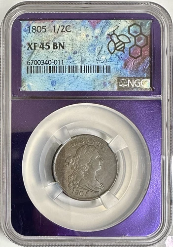 1805 DRAPED BUST HALF CENT NGC XF45 BN LIMITED EDITION NGC CUSTOM PURPLE CORE