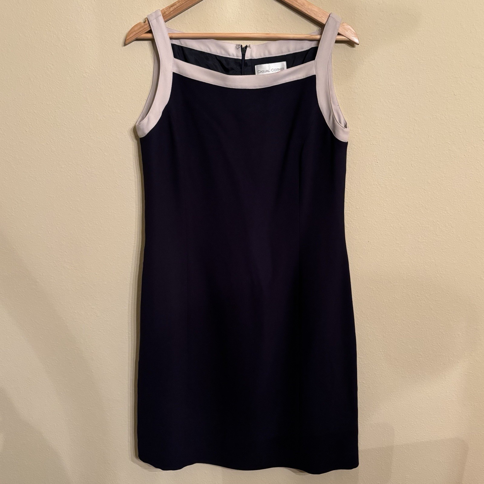 CASUAL CORNER*VTG Dress Women 14 Black Boat Neck Sleeveless Tan Trim Sheath Midi