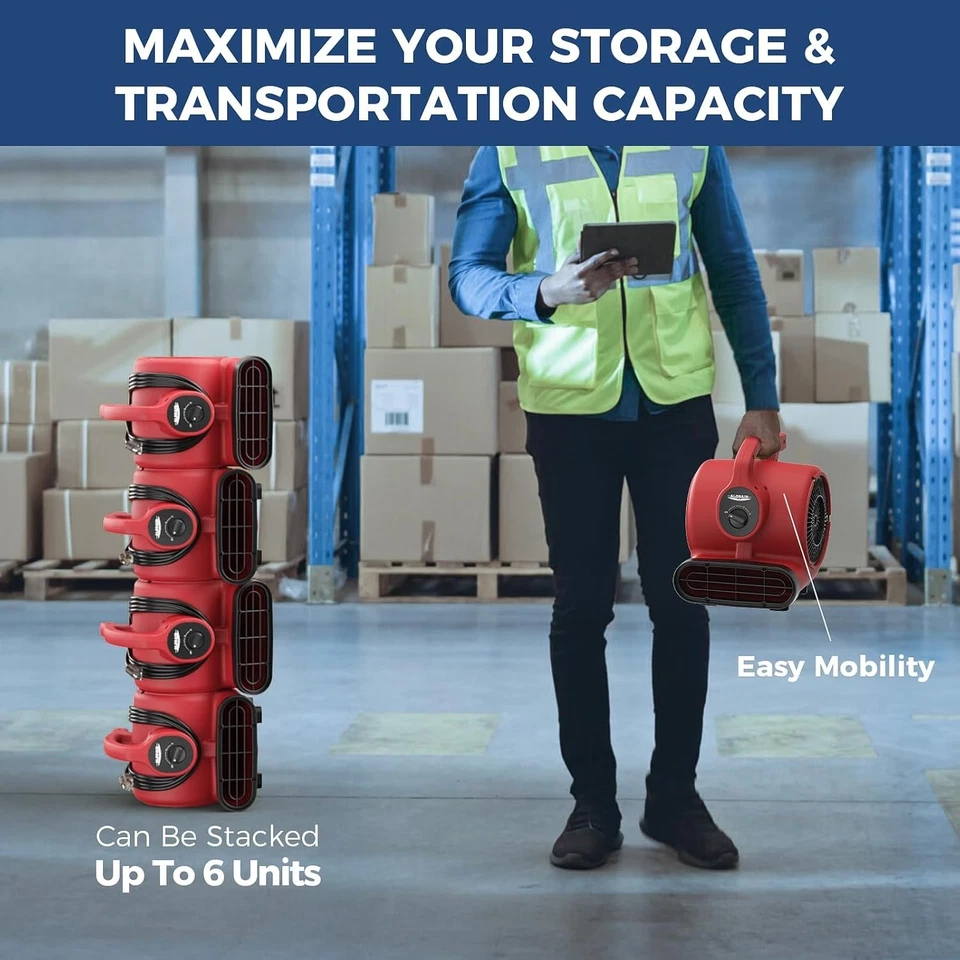 Ventilador de piso soplador secador de alfombras ALORAIR GF600A 600 CFM 1/4 HPMini aire-rojo Foto 4 de 4