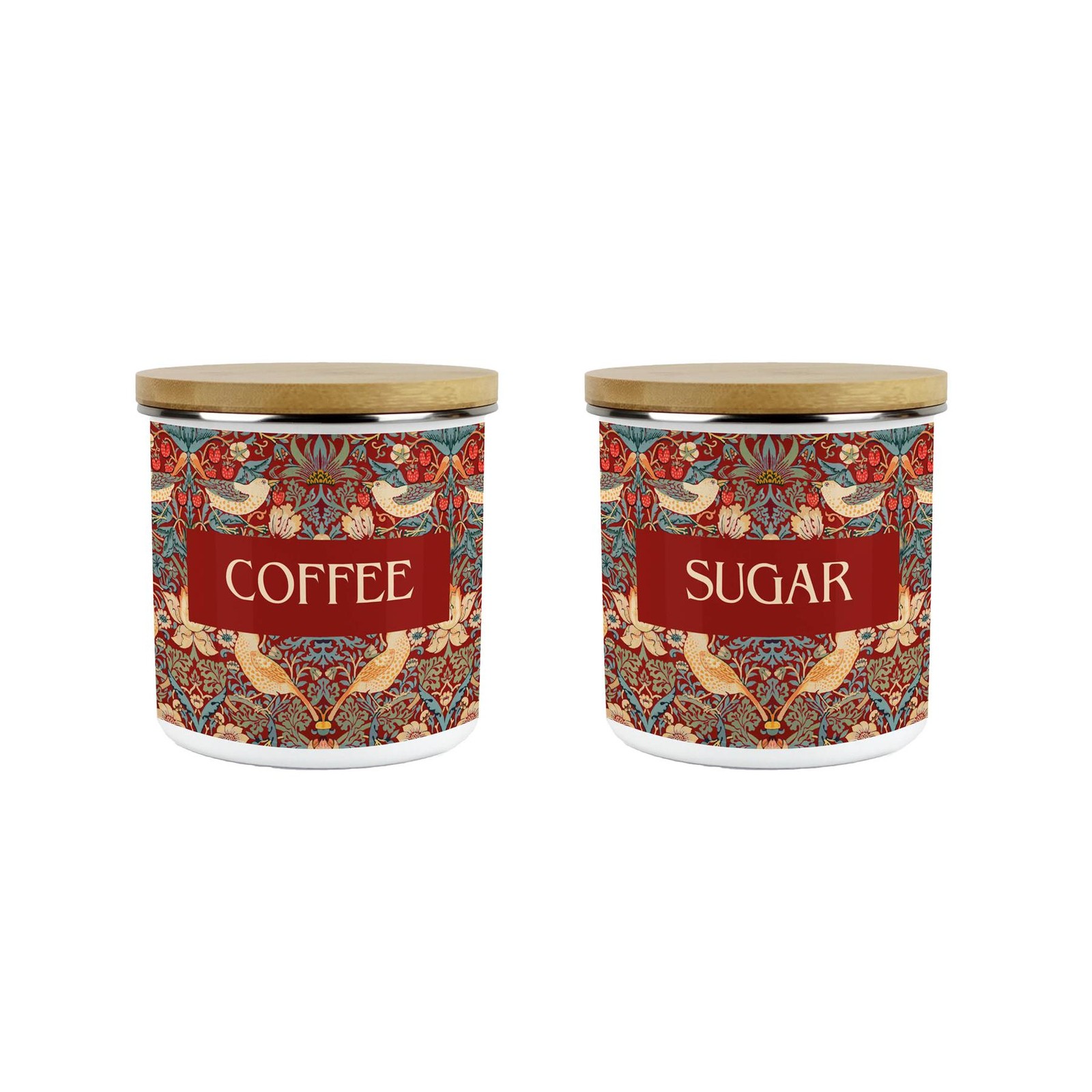 Red Strawberry Thief Coffee & Sugar 600ml Storage Canisters Set - Homeware Gifts