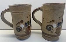 Set of 2 Tonala Mexican Stoneware Coffee Mugs Hand Painted Folk Art Pottery 5”