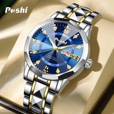 Men's Quartz Watches 3 ATM Waterproof Luminous Date Stainless Steel Wristwatches