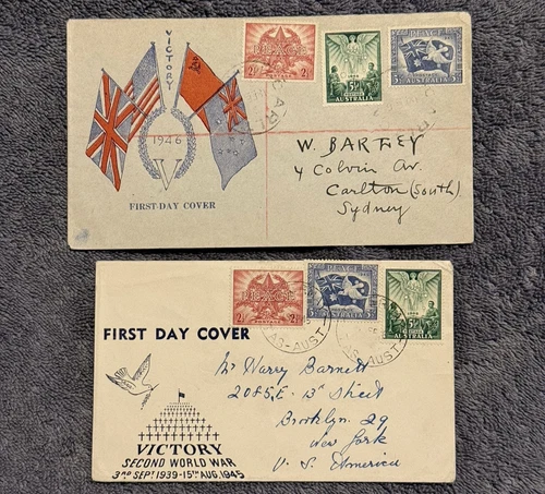 1946 Australia WWII Victory First Day Covers Peace Issue Lot of 2 – Sydney & USA