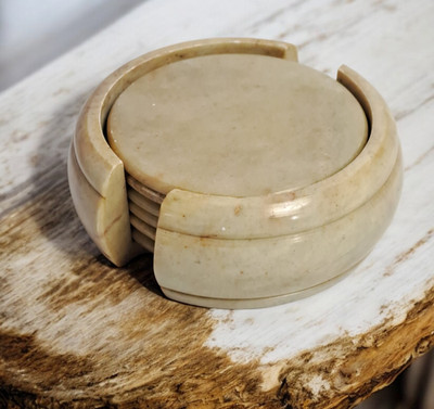 Vintage/Antique Natural Stone Alabaster Marble Coasters 6 Holder Stand RARE